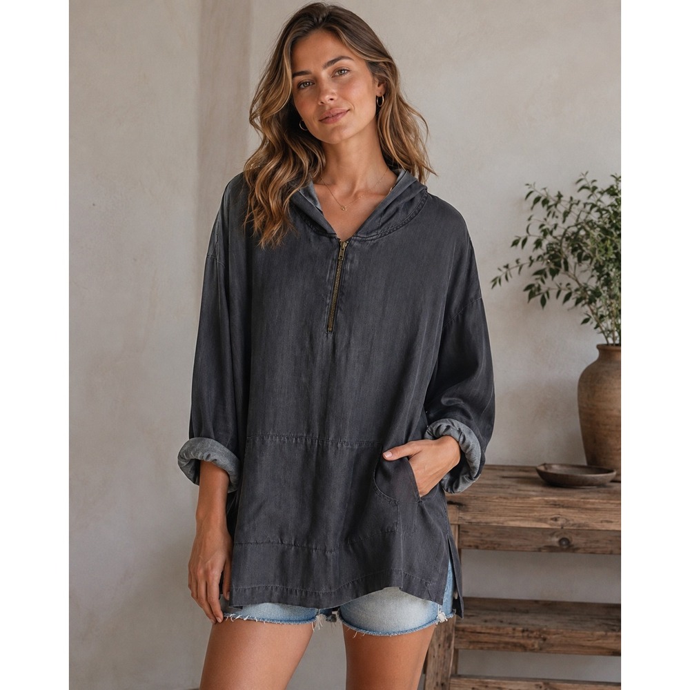 Soft Surroundings Black Hooded Tunic Top Quarter Zip Kangaroo Pocket Womens PL